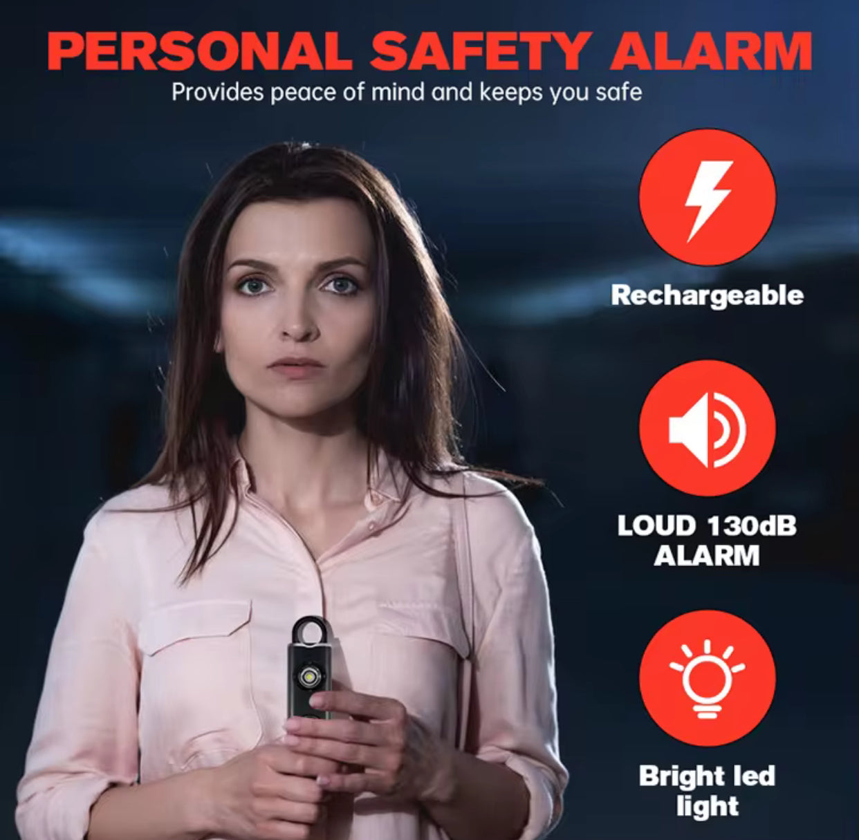 Personal alarm - self-defense keychain siren - security with LED lights - USB rechargeable
